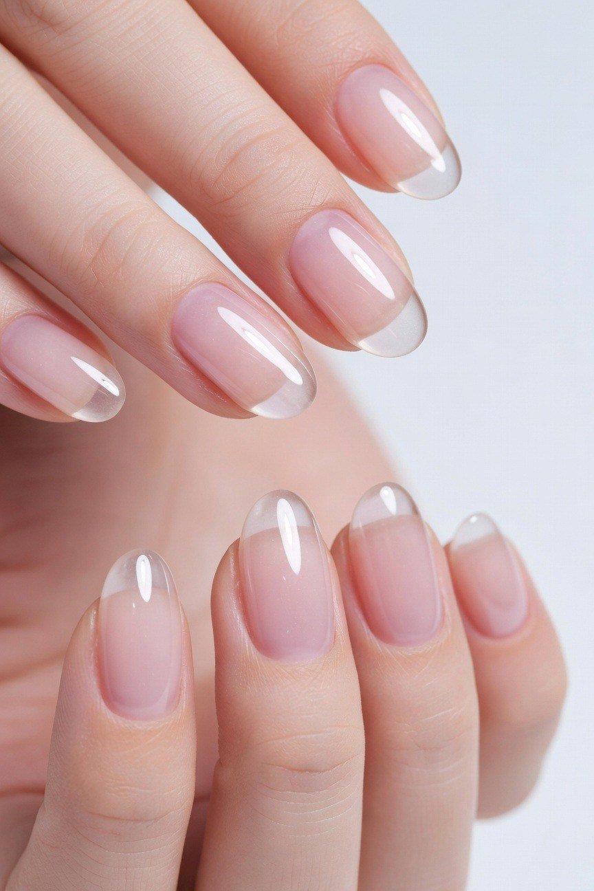 Pink jelly nails with white french tips, almond - jelly nail idea for women over 60