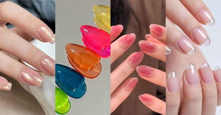 Jelly nail ideas for women over 60 collage: champagne pink, rainbow jelly tips, blush pink, and jelly french nails