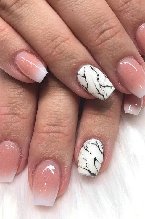 Nude Nails with Black and White Marble Accents - marble nail design for women over 60