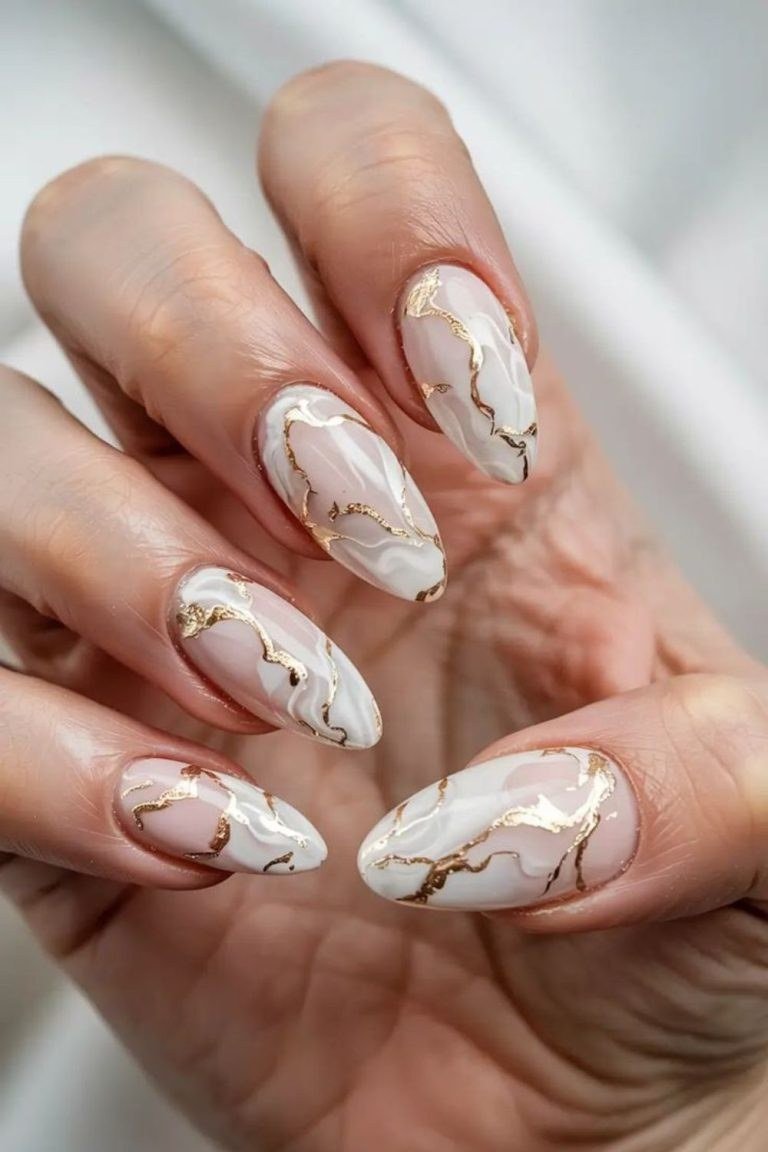 White and Gold Marble Almond Nails - marble nail design for women over 60