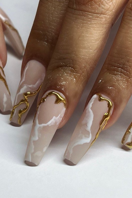 White Marble Coffin Nails with Gold Veins - marble nail design for women over 60