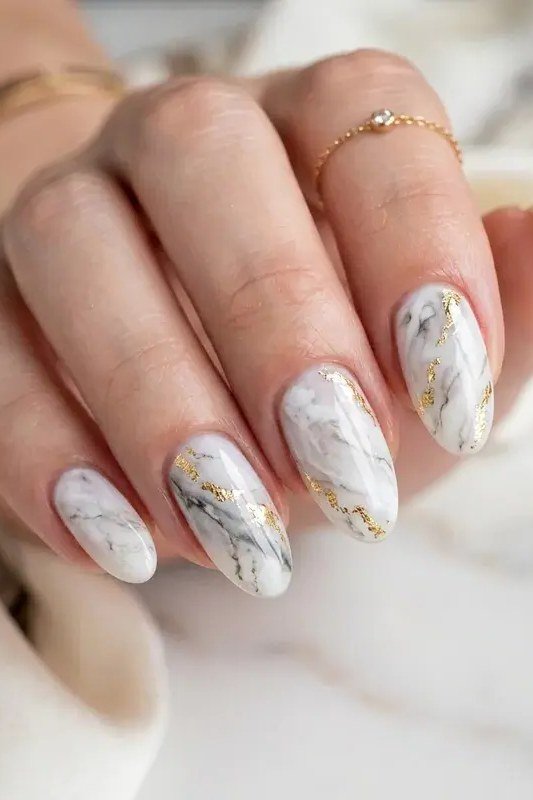 White and Grey Marble Oval Nails - marble nail design for women over 60