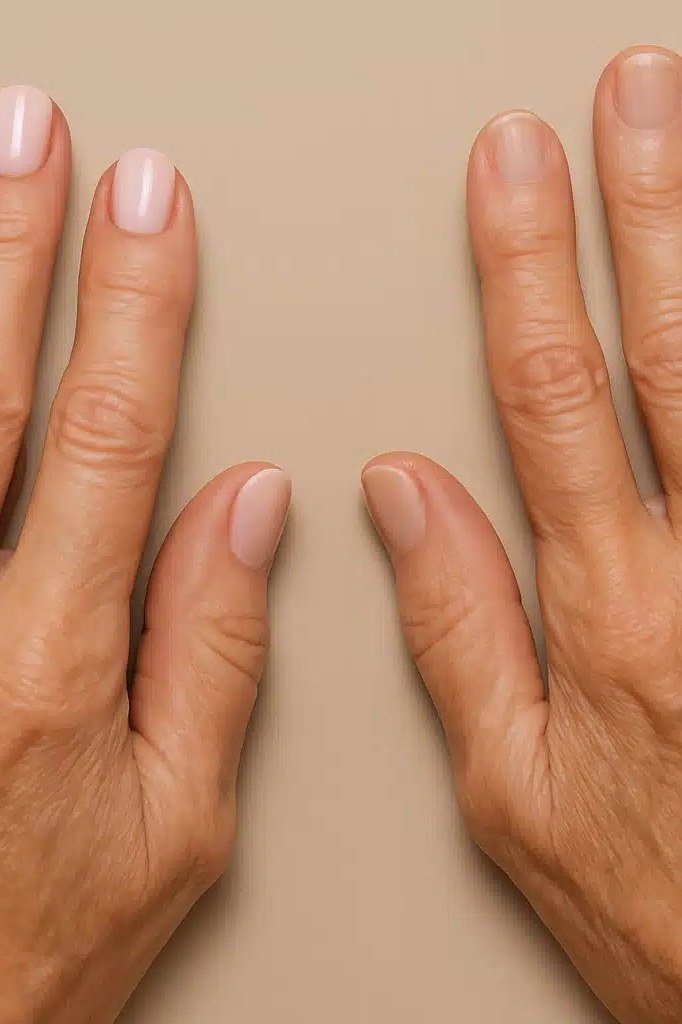 Two hands flat, sheer nude polish for women over 60 - simple clear nail idea 14