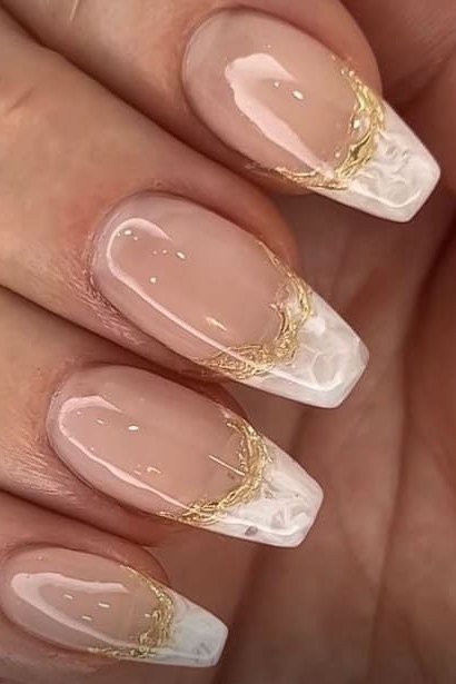 Nude Nails with Marble and Gold Tips - marble nail design for women over 60