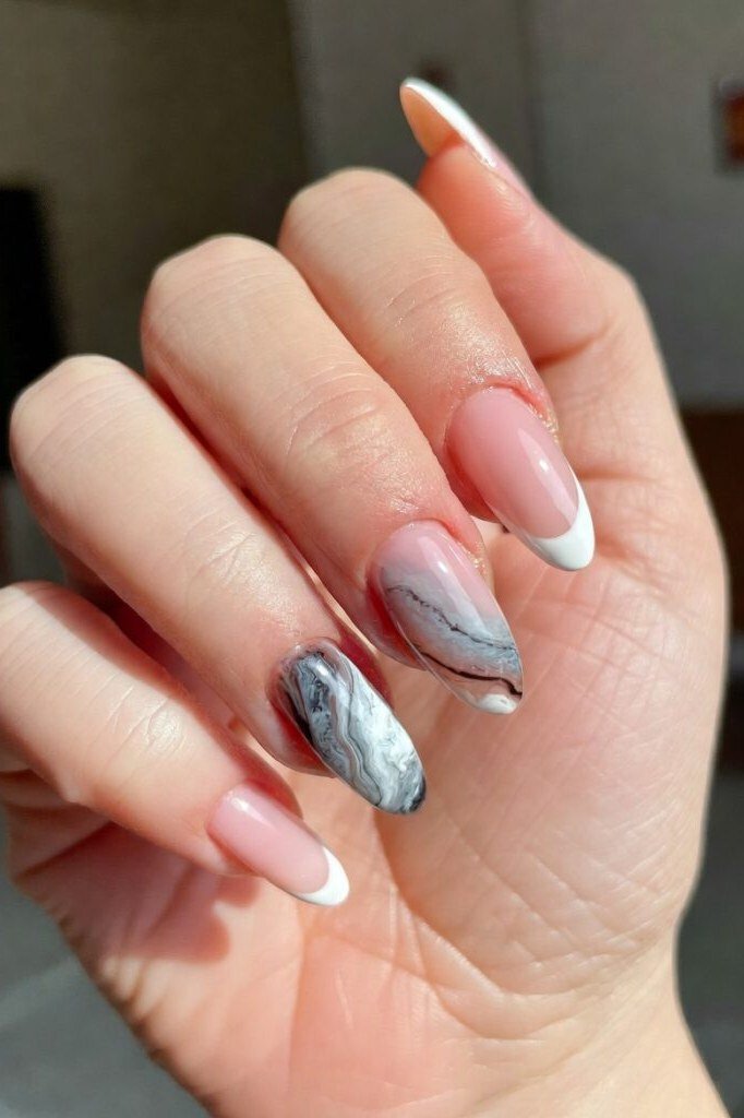 Grey Marble Accent Nails - marble nail design for women over 60