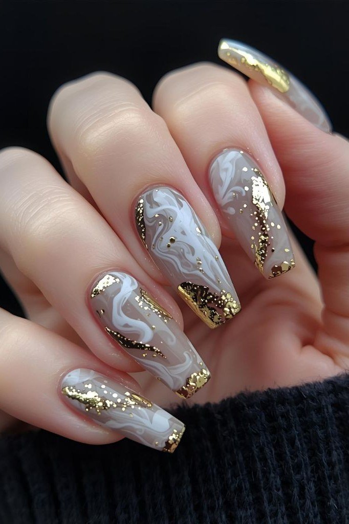 Grey Marble with Gold Veins - marble nail design for women over 60
