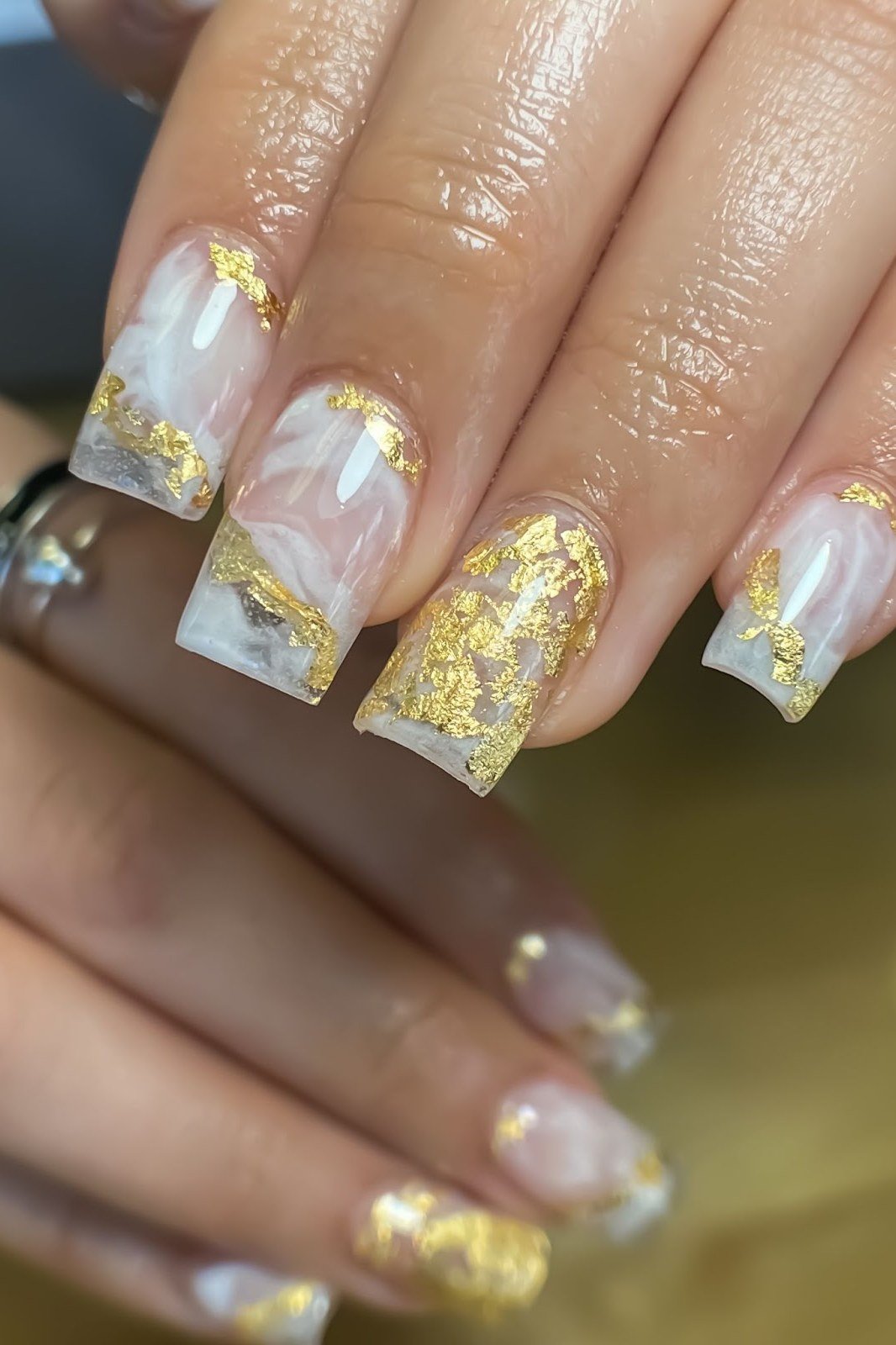 White Marble with Gold Foil - marble nail design for women over 60