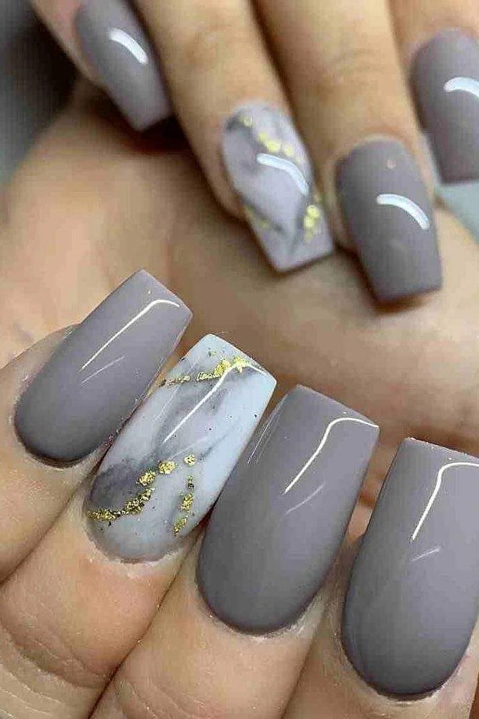 Grey Nails with White and Gold Marble Accents - marble nail design for women over 60