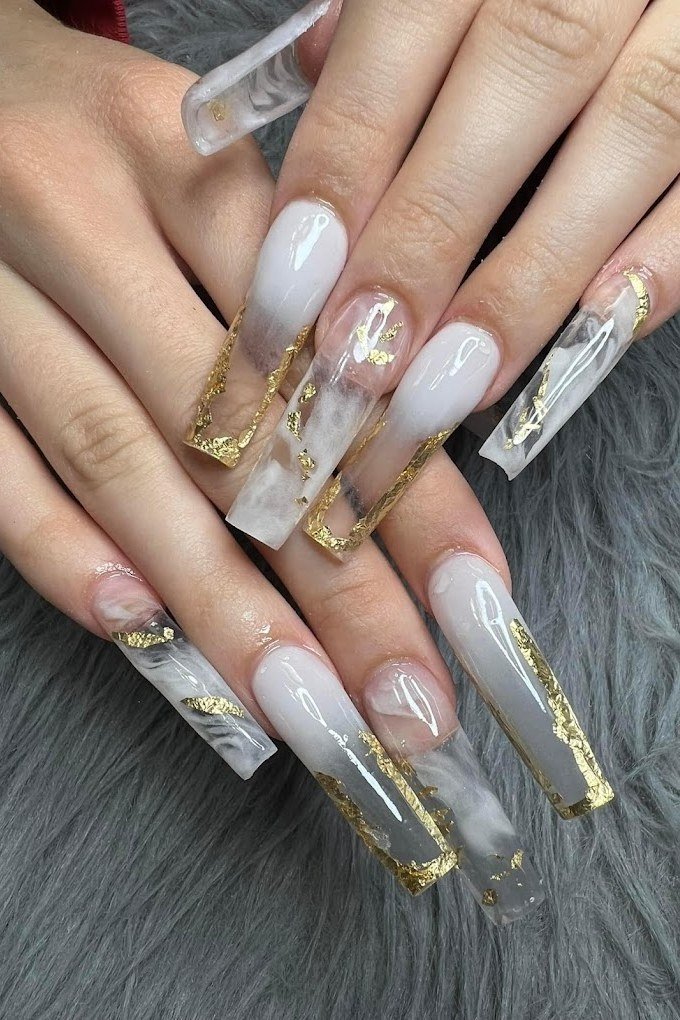 Grey and White Marble with Gold Foil - marble nail design for women over 60