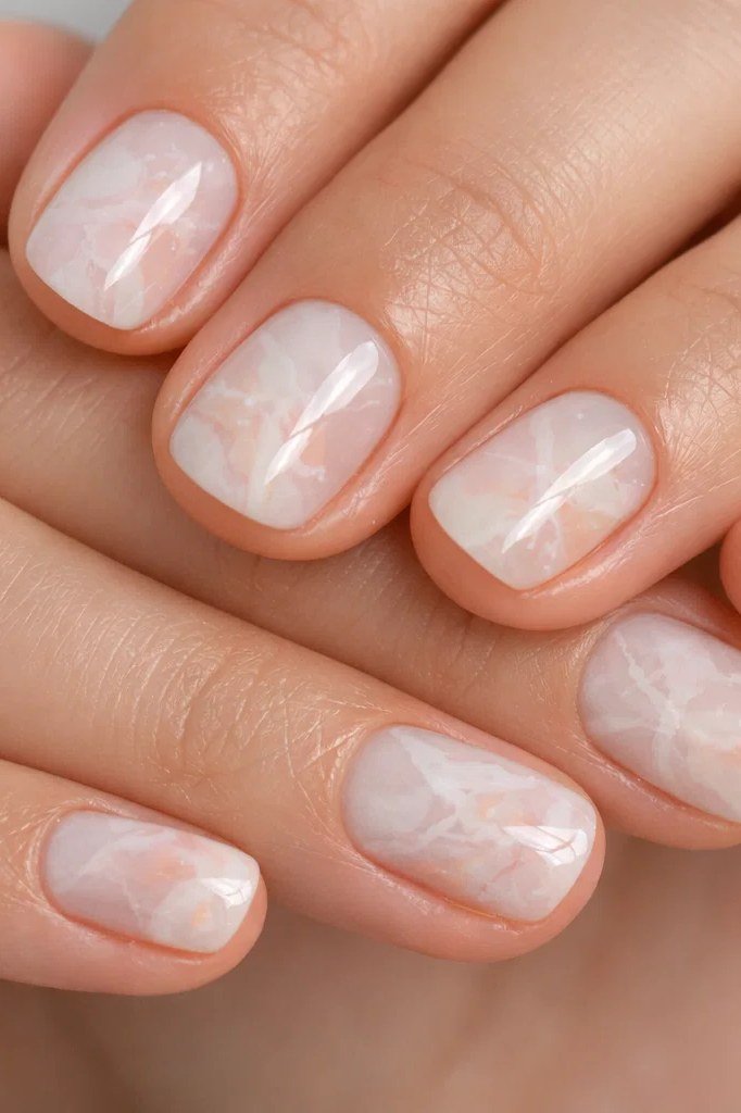 Subtle Nude Pink Marble Short Oval Nails - marble nail design for women over 60