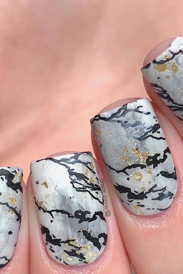 Classic White Marble with Black Veins and Gold - marble nail design for women over 60