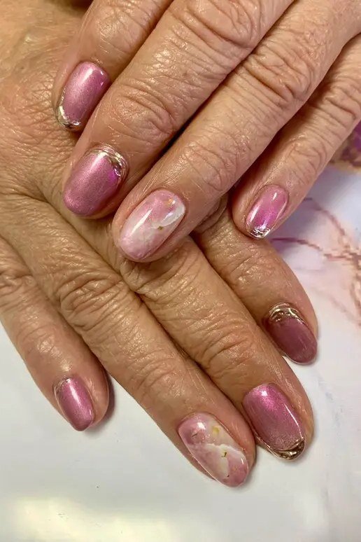 Pink Marble Short Oval Nails - marble nail design for women over 60