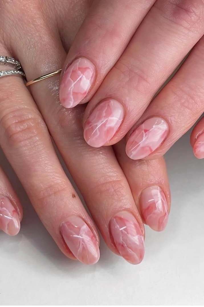 Pink Marble Almond Nails - marble nail design for women over 60