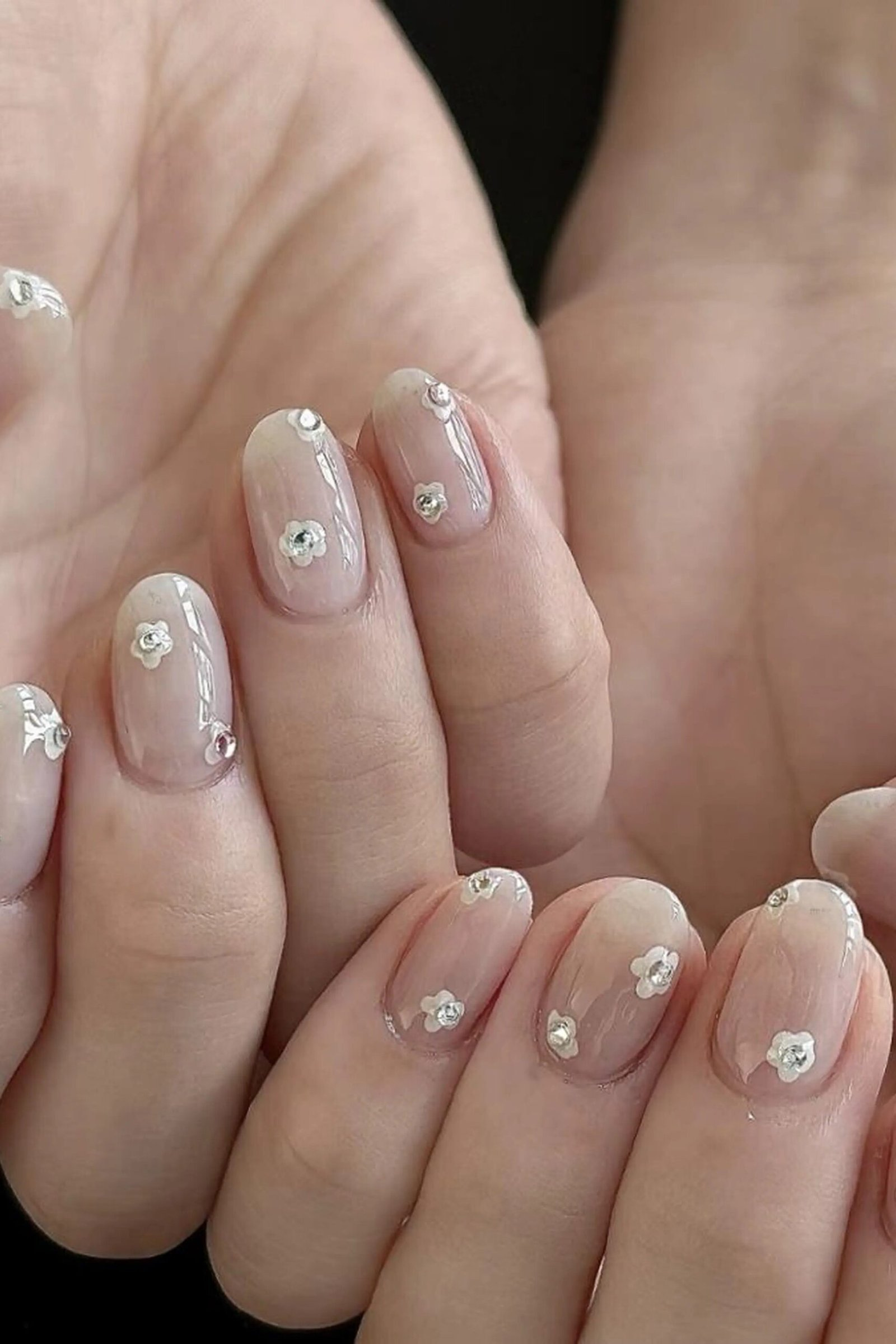 Young hands, rhinestones on clear base for women over 60 - simple clear nail idea 36