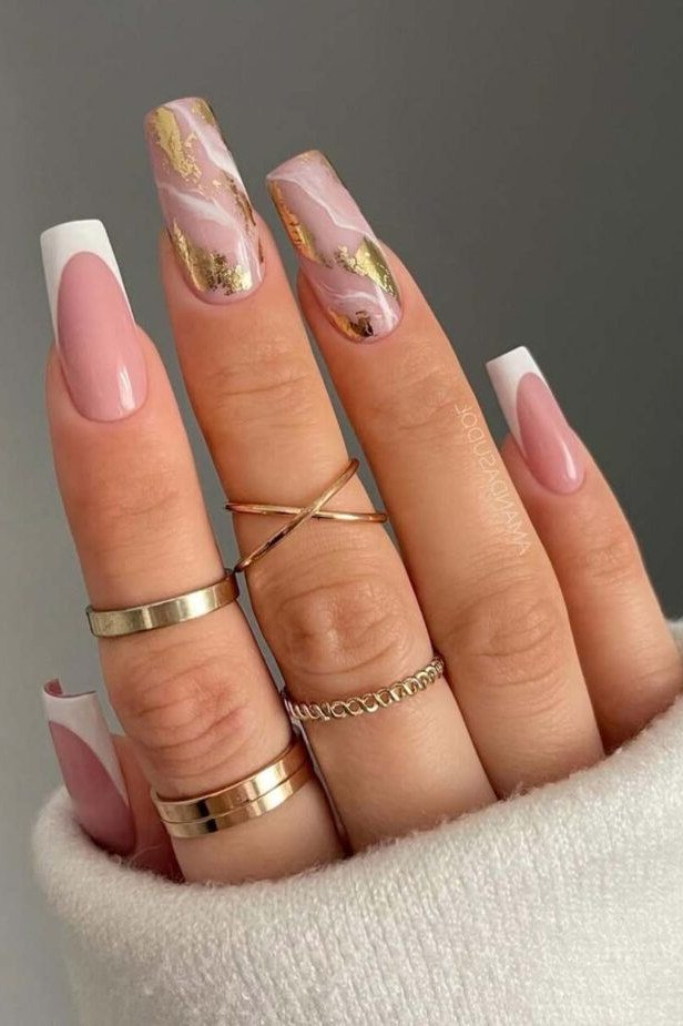 Pink Marble Accents on a Nude Base - marble nail design for women over 60