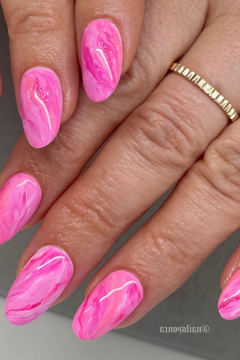 Hot Pink Marble Almond Nails - marble nail design for women over 60