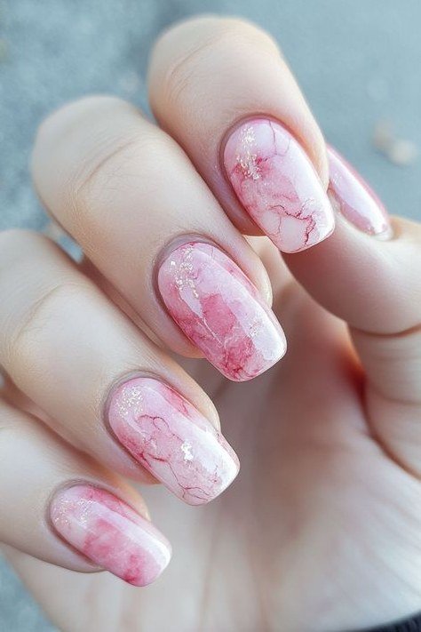 Soft Pink and White Marble Short Nails - marble nail design for women over 60