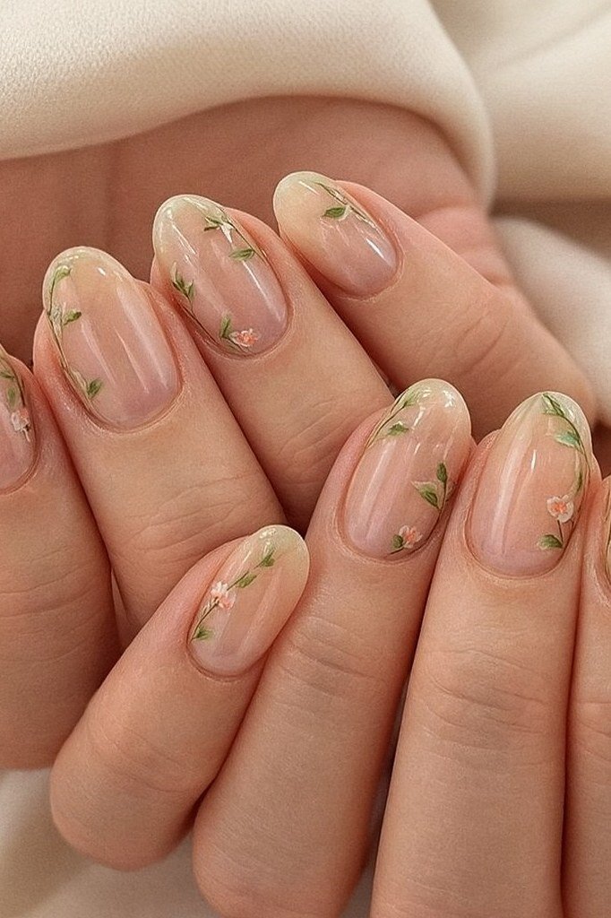Young hands, green leaf sprig decals on clear for women over 60 - simple clear nail idea 39