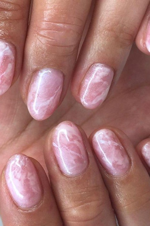Rose Pink Marble Short Almond Nails - marble nail design for women over 60