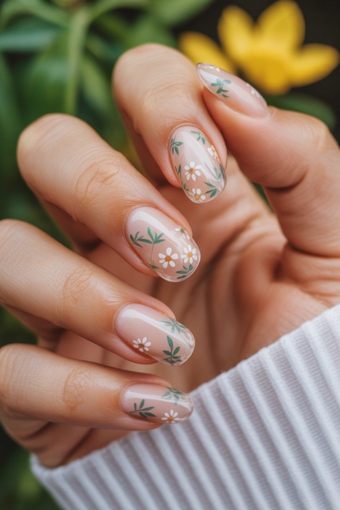Hand, pressed-flower style florals in clear for women over 60 - simple clear nail idea 41