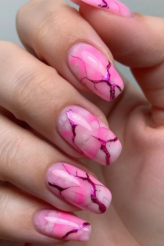 Pink Cracked Marble Almond Nails - marble nail design for women over 60