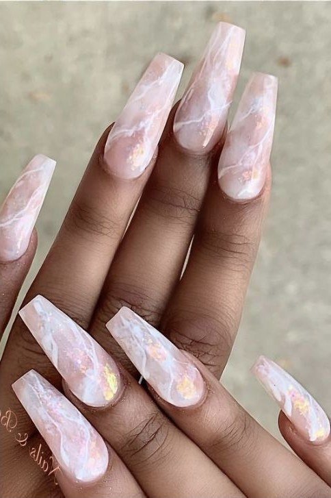 Pink and White Marble Long Coffin Nails - marble nail design for women over 60