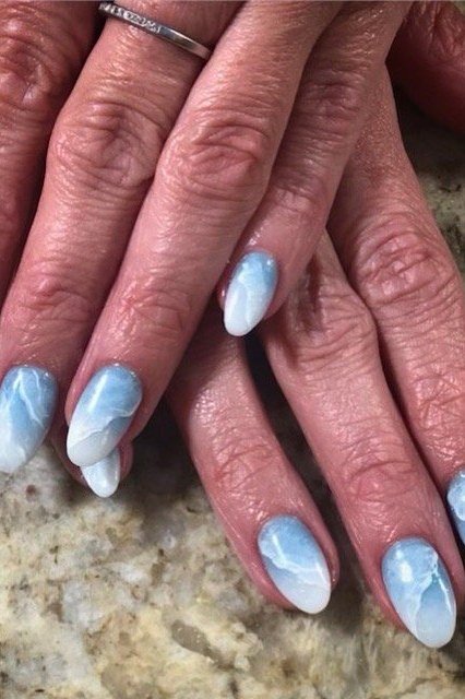 Light Blue with White Marble - marble nail design for women over 60