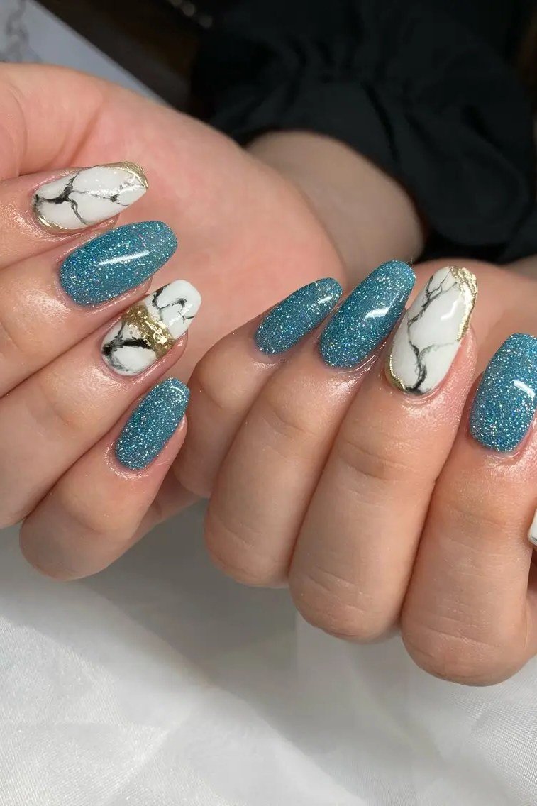 Teal Glitter with White Marble Accents - marble nail design for women over 60