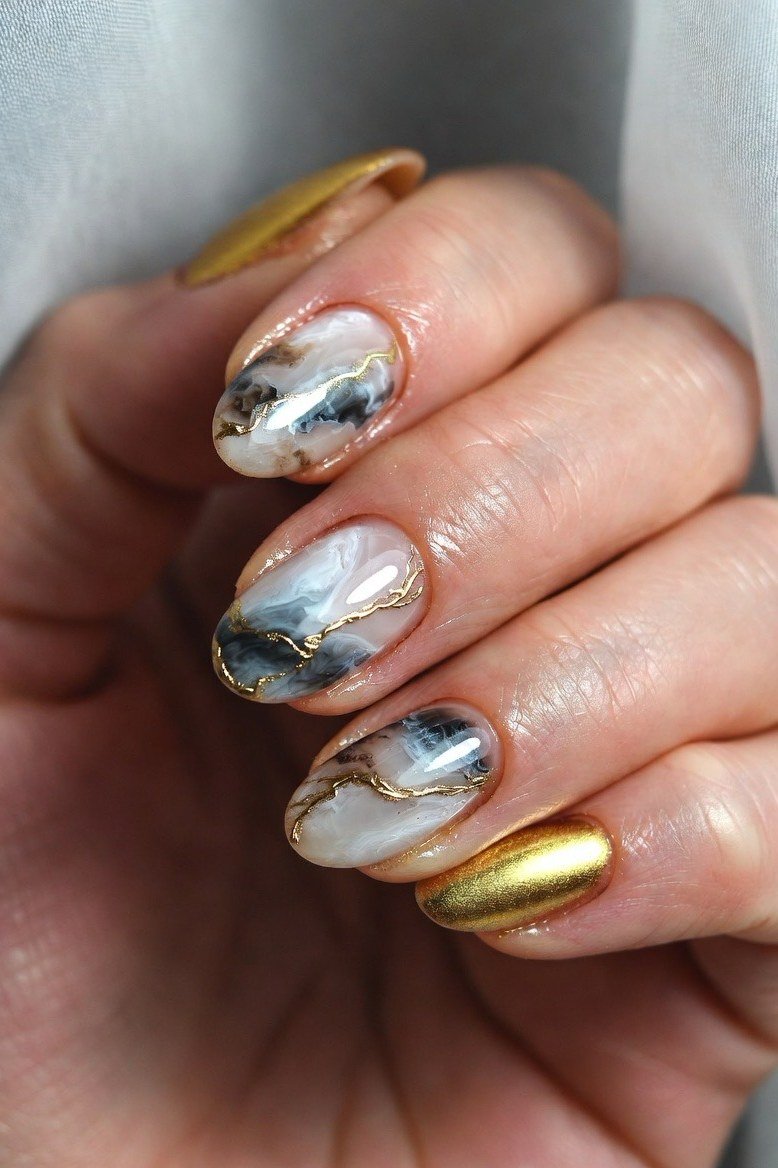 Blue Grey and White Marble - marble nail design for women over 60