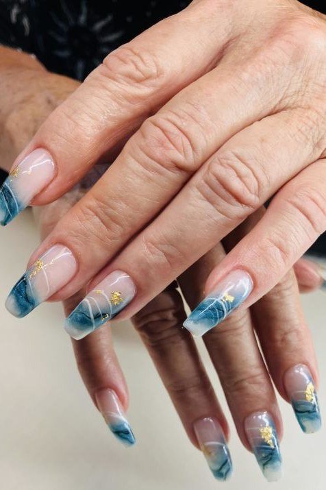Blue Marble Fade Tips for Older Hands - marble nail design for women over 60