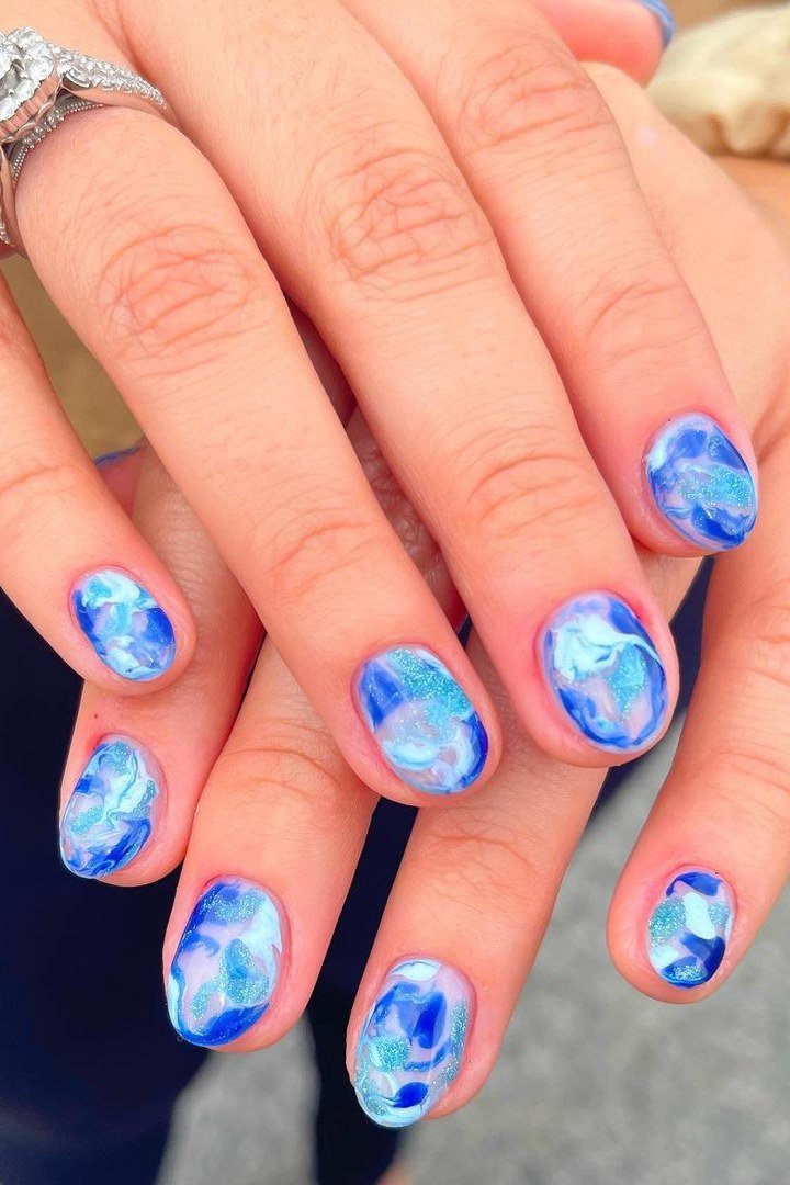 Blue and White Marble Almond Nails - marble nail design for women over 60
