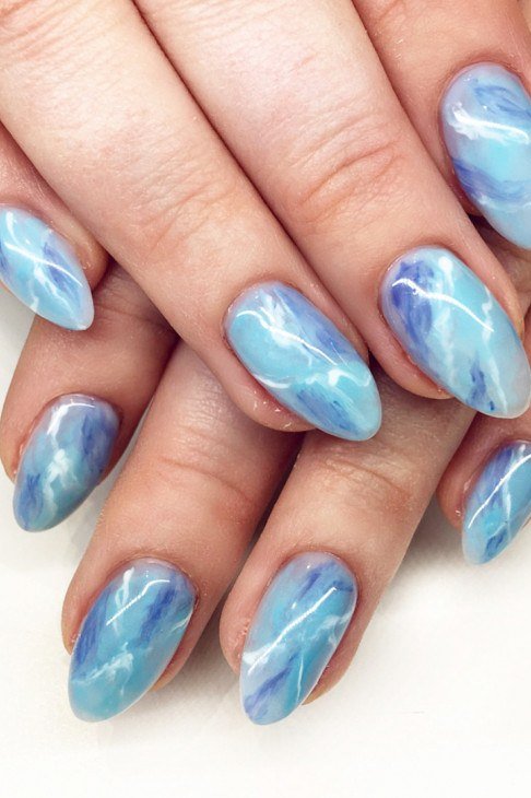 Light Blue Water Marble Almond Nails - marble nail design for women over 60
