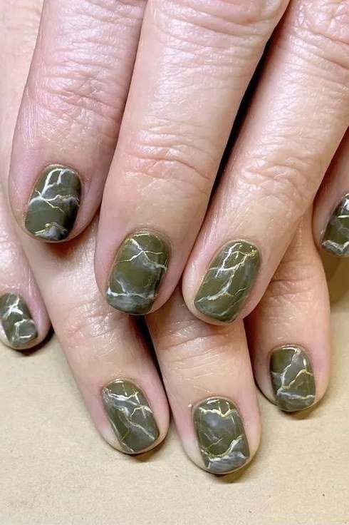 Green Olive Marble for Older Hands - marble nail design for women over 60