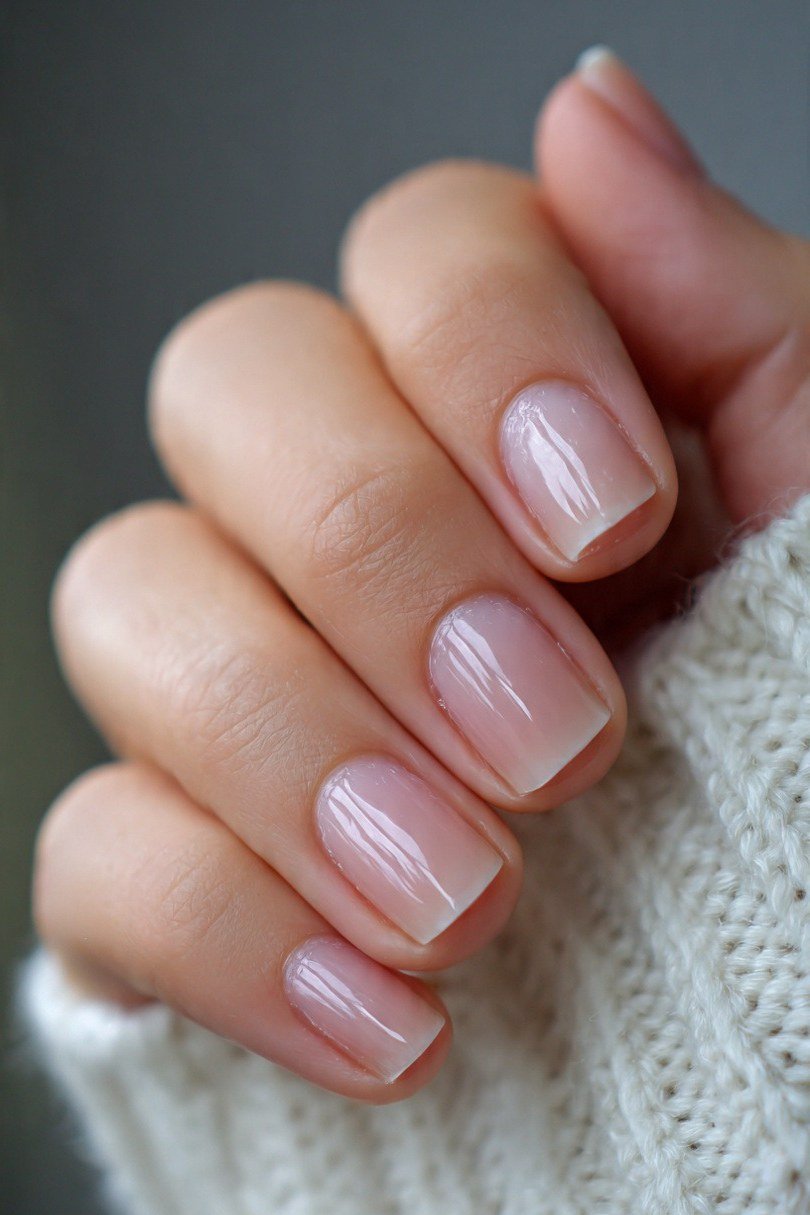 Hand, pearly iridescent sheer polish for women over 60 - simple clear nail idea 56