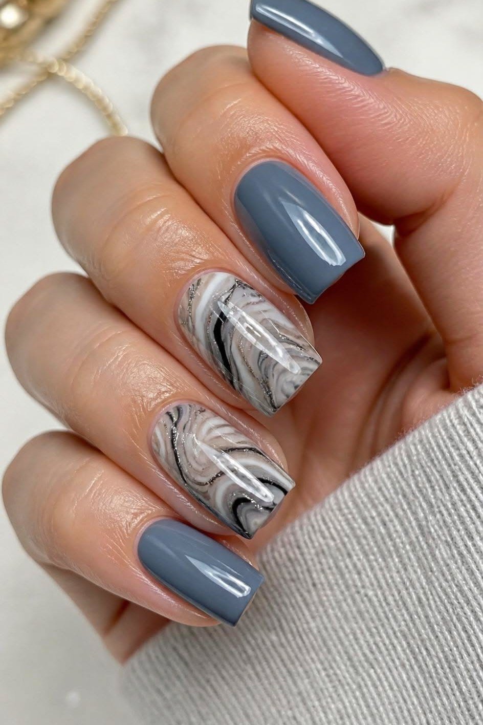 Grey Blue Marble Square Nails - marble nail design for women over 60