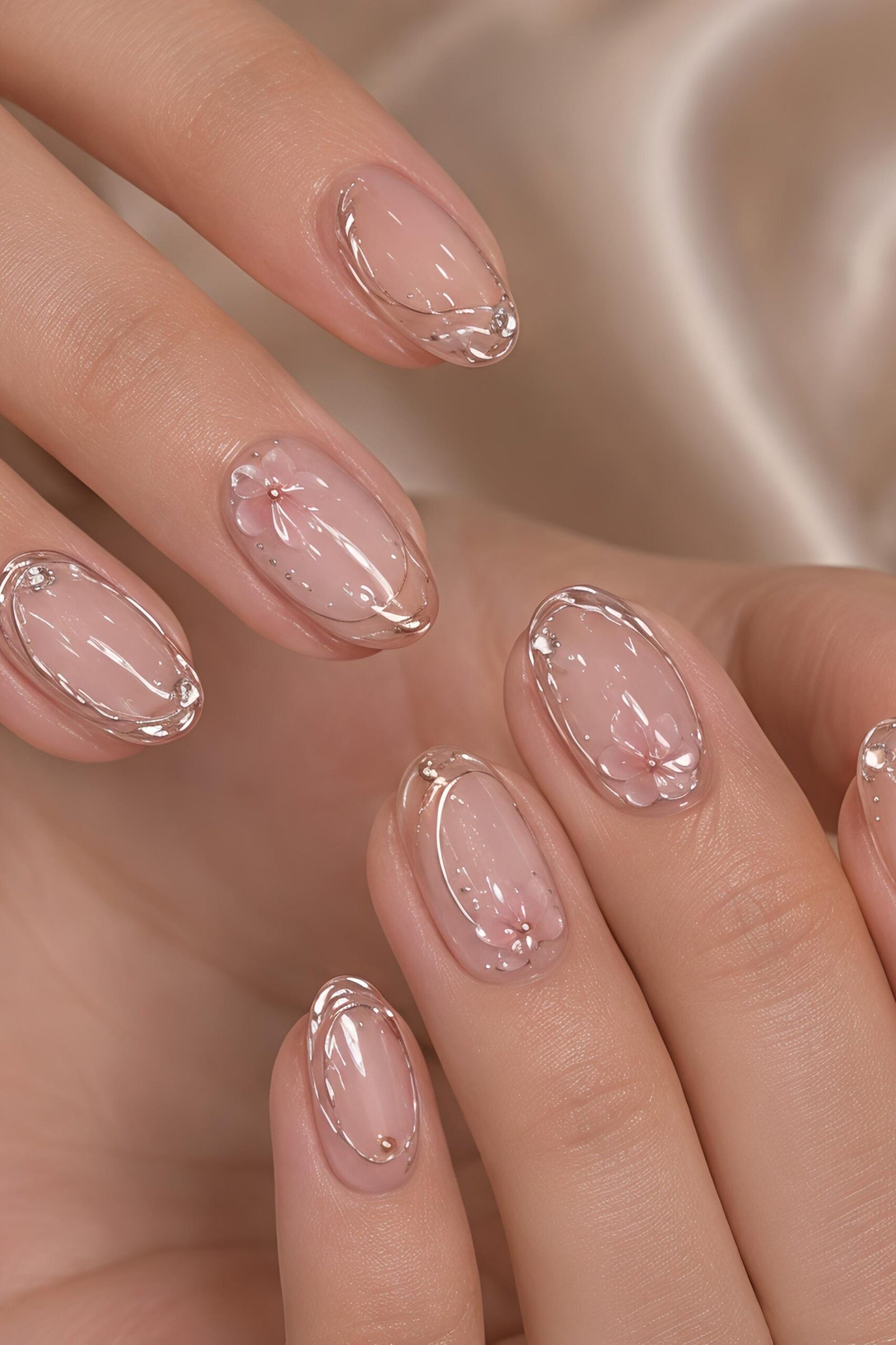 Young hand, iridescent shimmer on sheer nude for women over 60 - simple clear nail idea 57