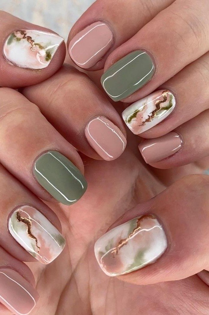 Sage Green Nails with Marble Accents - marble nail design for women over 60