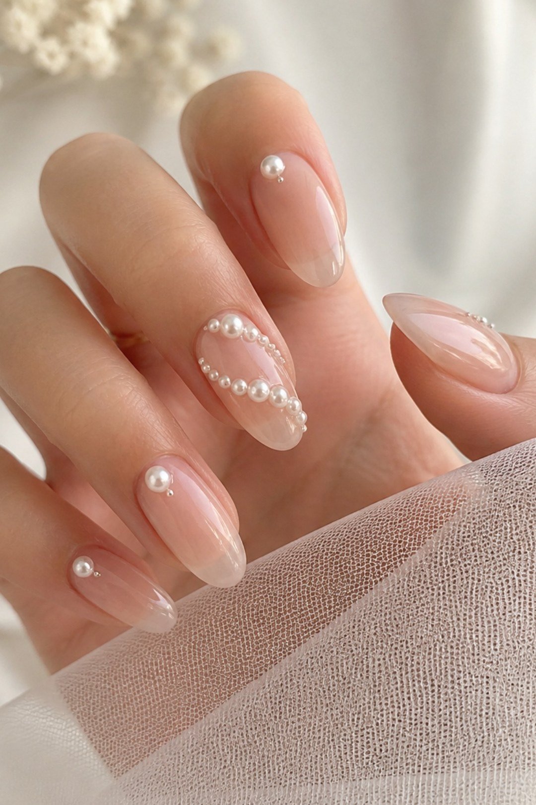 Hand, rhinestone half-moon accents on sheer for women over 60 - simple clear nail idea 58