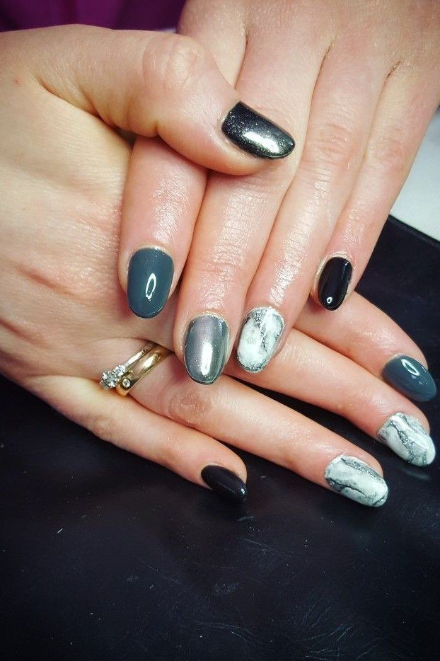 Teal and Silver Marble Short Nails - marble nail design for women over 60