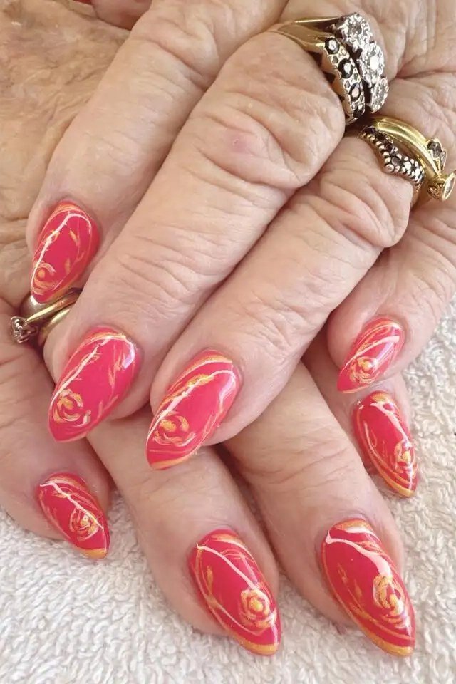 Red Orange Swirl Marble Nails - marble nail design for women over 60