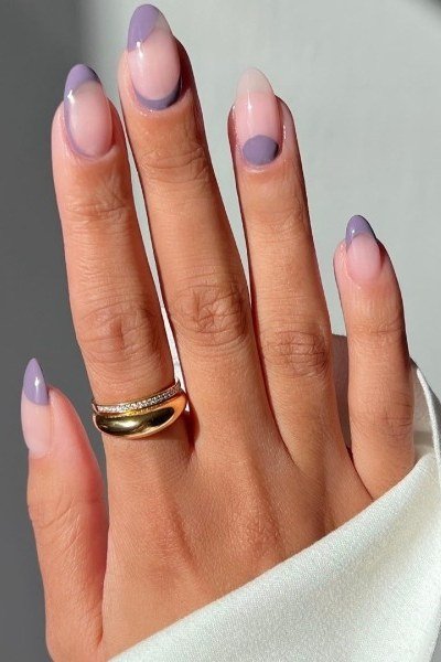 Young hand, lavender tips on clear base for women over 60 - simple clear nail idea 63