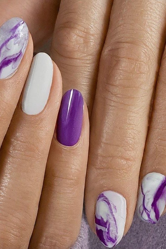 Purple and White Marble Swirl - marble nail design for women over 60