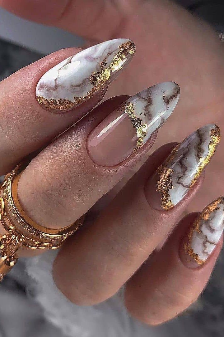 Nude Marble Stiletto with Gold - marble nail design for women over 60