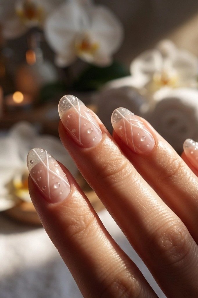 Hand, white line-art design on clear base for women over 60 - simple clear nail idea 65