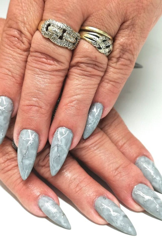 Grey Marble Stiletto for Mature Hands - marble nail design for women over 60