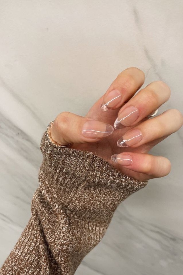 Hand, tiny accent details on sheer nude for women over 60 - simple clear nail idea 67