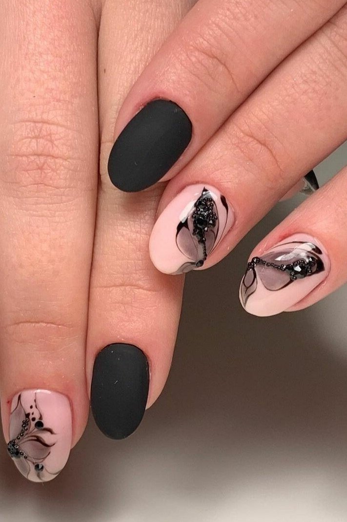 Matte Black Almond with Marble Nude Accents - marble nail design for women over 60