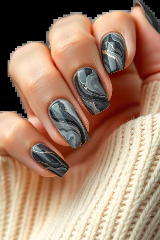 Charcoal Grey Swirl Marble Nails - marble nail design for women over 60