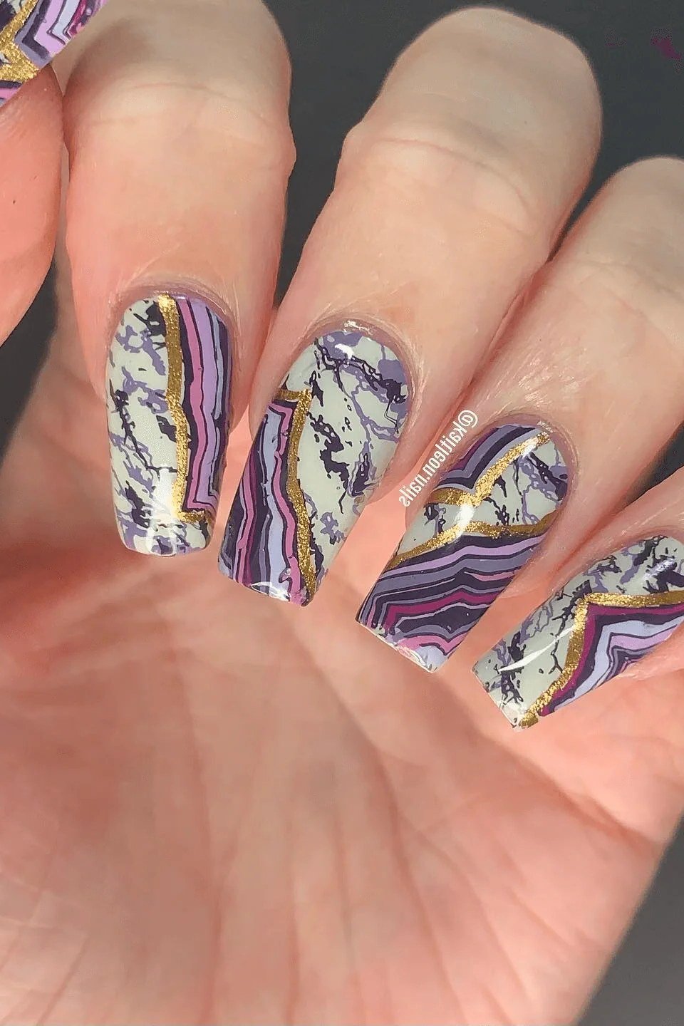 Purple Geode Marble with Gold - marble nail design for women over 60