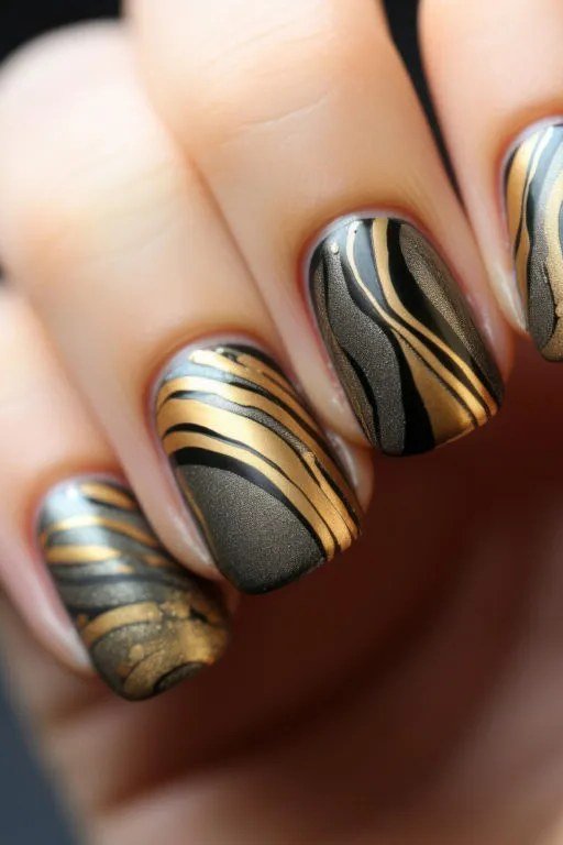 Black and Gold Swirl Marble Nails - marble nail design for women over 60